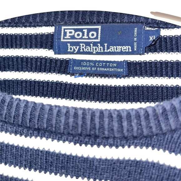 Polo Ralph Lauren vintage blu white Breton stripe cotton sweater elbow patchesXL - Picture 2 of 4